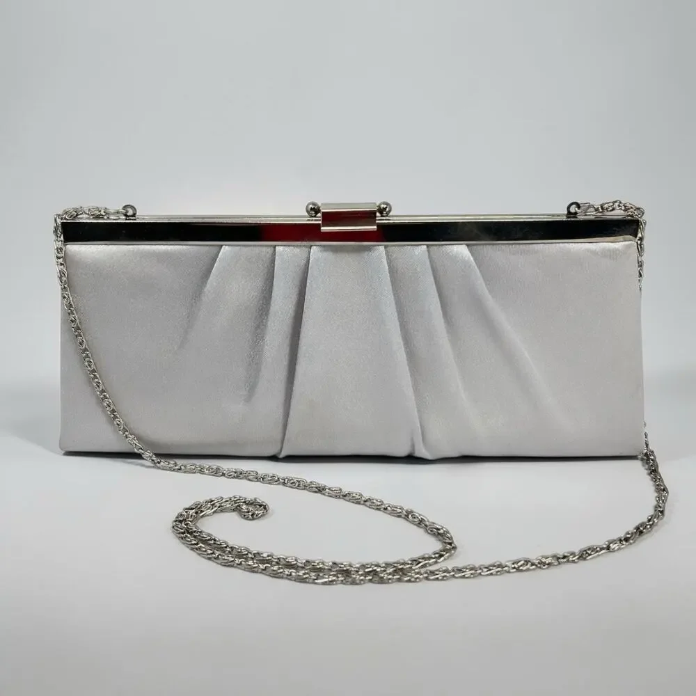 Y2K Jessica McClintock Silver Satin Convertible Clutch Kiss Lock Formal Bag